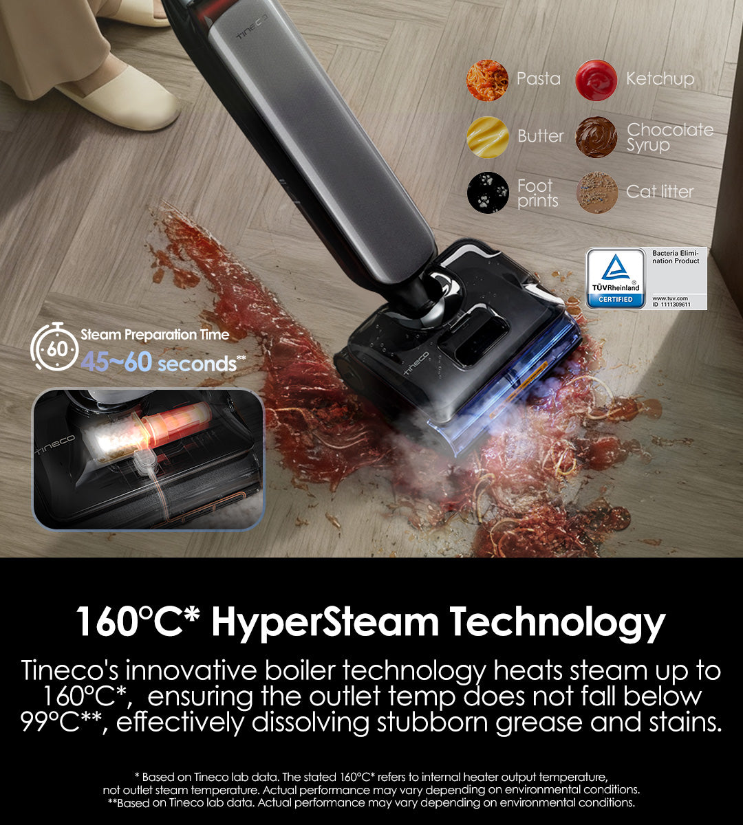 Tineco's innovative boiler technology heats steam up to 160℃ ,  ensuring the outlet temp does not fall below 210℉**(99℃), effectively dissolving stubborn grease and stains.

Steam Preparation Time 45–60 seconds**
* Based on Tineco lab data. The stated 160℃ refers to internal heater output temperature,not outlet steam temperature. Actual performance may vary depending on environmental conditions.
**Based on Tineco lab data. Actual performance may vary depending on environmental conditions.