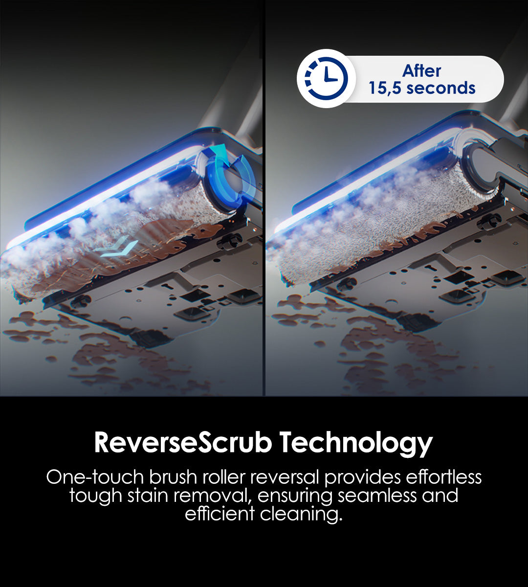 ReverseScrub
Technology

One-touch brush roller reversal provides effortless tough stain removal, ensuring seamless and efficient cleaning.

After 15.5 seconds
